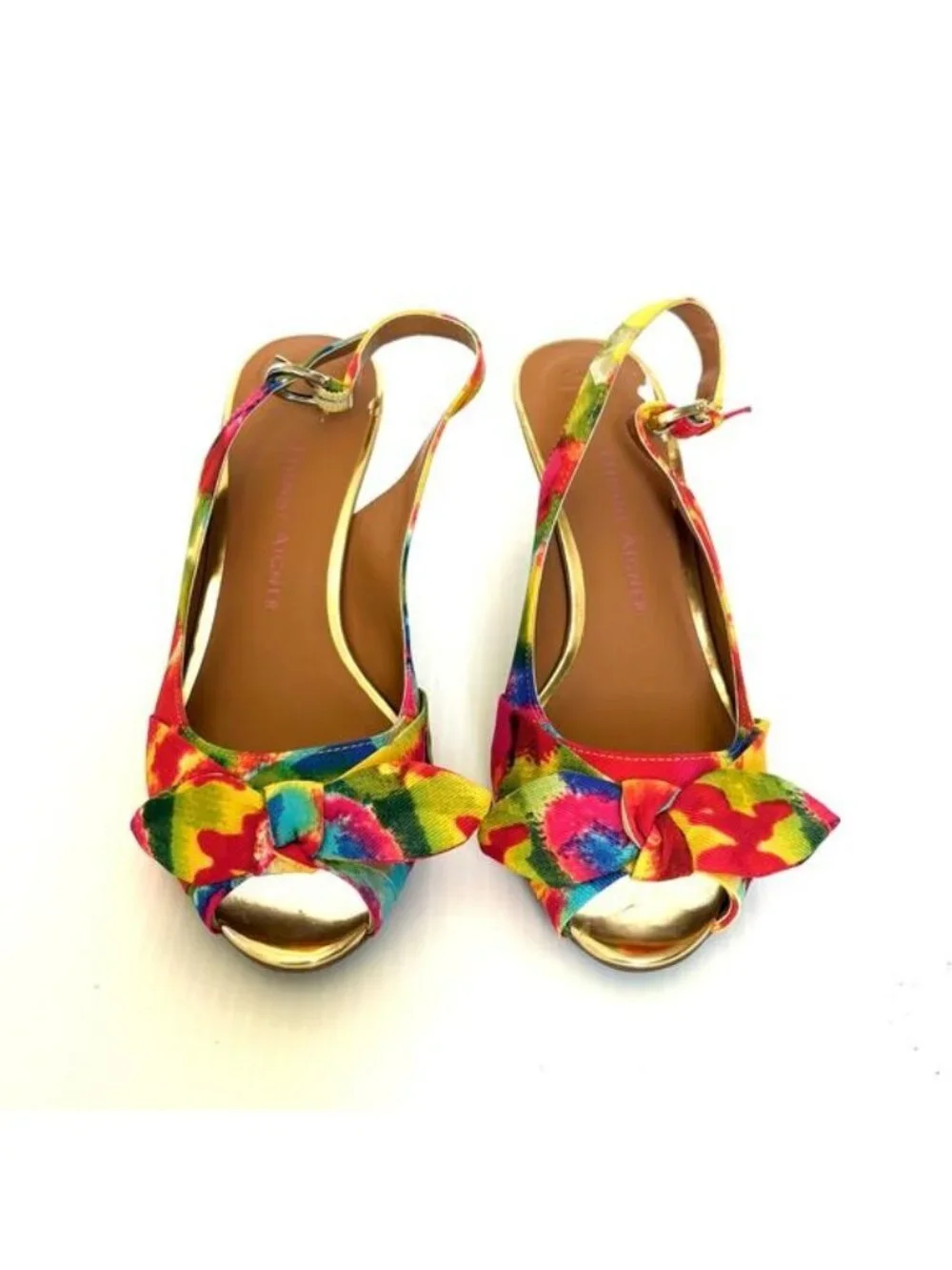 Etienne Aigner Heels Slingback Floral Peep Toe Gold Trim Women’s 5.5 Shop Worn - Picture 8 of 9